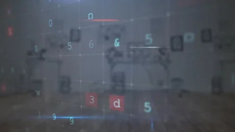 Warning text animation over digital symbols and numbers in grid pattern Stock Footage 305432625