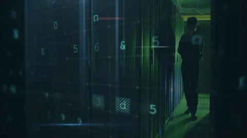 Warning text animation over person walking in data center with numbers Stock Footage 305526083