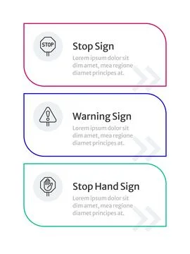 Warning traffic signs rounded rectangle infographic 3 steps Stock Illustration