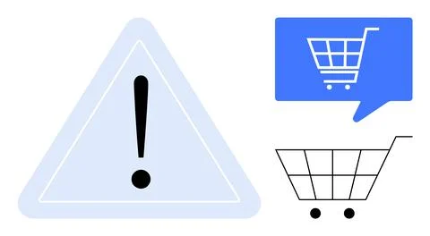 Warning triangle with exclamation mark, blue message bubble with shopping car Stock Illustration