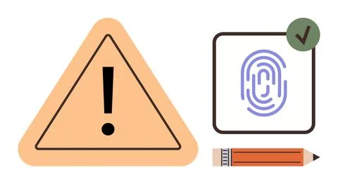 Warning Triangle, Fingerprint Verification, and Pencil Indicating Security and Illustrazione stock