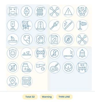 Warning Visual Pack containing 32 Thin Line Pixel Aligned Vector Icons Stock Illustration