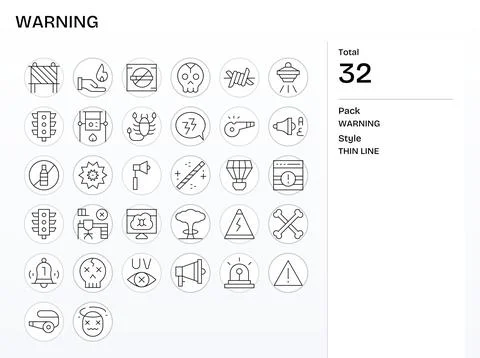 Warning Visual Pack containing 32 Thin Line Pixel Optimized Vector Icons Stock Illustration
