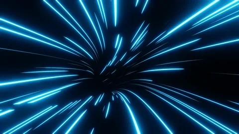 Warp speed. Neon glowing rays in motion into digital technologic tunnel Stockbeeldmateriaal 155054198
