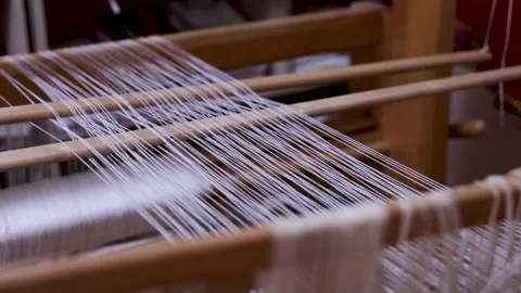 Warp Threads Aligned Across Traditional Hand Loom Stock Footage 337898763