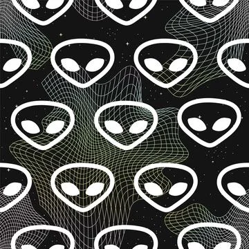 Warp,distorted grid space,alien face seamless pattern line art.Vector graphic Stock Illustration