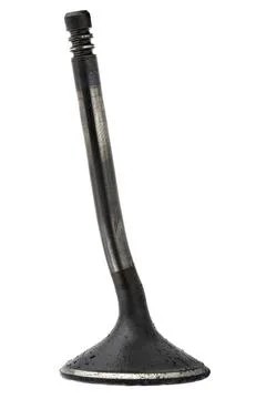 Warped engine valve stem, covered with soot, isolated on a white background. Stock Photos