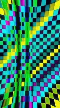 Warped Neon Checkerboard 3D Distortion Psychedelic Grid Background Stock Illustration