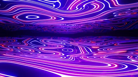 Warped surface. Fly through mirror tunnel with neon pattern, glow lines form sci Stock Footage 221946825