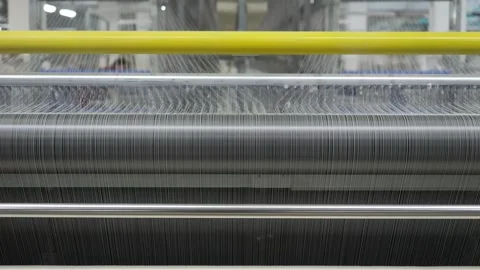Warping machine close-up, weave of threads, loom, fabric manufacturing process Stock Footage 271617998