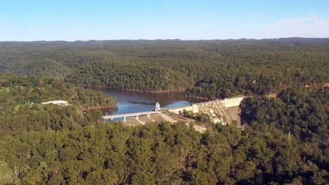 Warragamba river closed by dam in Blue Mountains of Australia – aerial 4k. Stock Footage 189605256