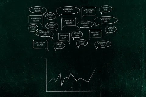 Warranty claim comic bubbles with upward arrow chart, minimalist illustration Stock Illustration