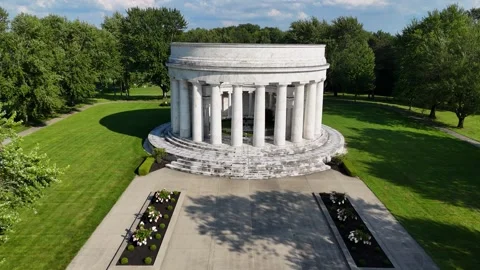 Warren G. Harding Memorial - burial site in Marion, Ohio - Aerial Drone Stock Footage 314551426
