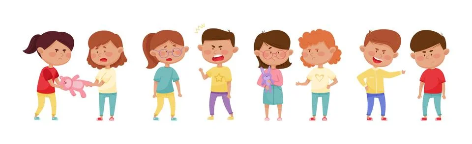 Warring Boy and Girl with Offensive Behavior Insulting Agemate Vector Set Stock Illustration