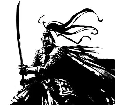 A warrior in armor with a sword stands in the wind Stock Illustration