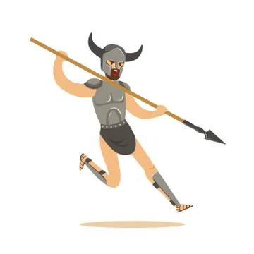 Warrior character, man in combat armor and horned helmet running with a spear Stock Illustration