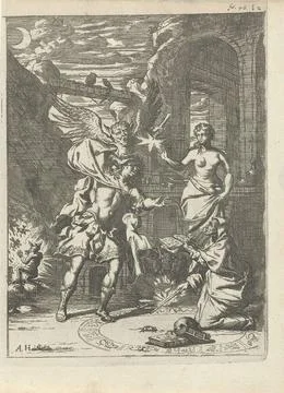 . A warrior consults a witch; A devil grabs him from behind his neck. On t... Foto stock