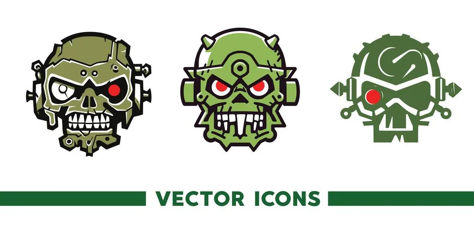 Warrior Different heads, Warhammer orc vector icon of 3 types, green color Stock Illustration