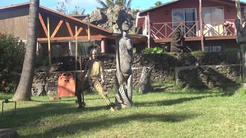 Warrior from Easter Island dressed in warrior costume performing a local dance Stock Footage 162813637