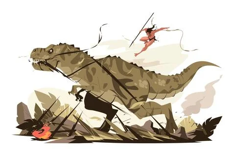 Warrior fighting with dinosaur Stock Illustration