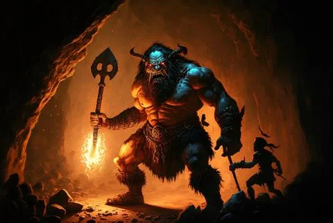A warrior figure with a sword and burning torches is challenged by a cave troll Stock Illustration