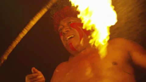 Warrior Flips Fire At Luau Stock Footage 219590644