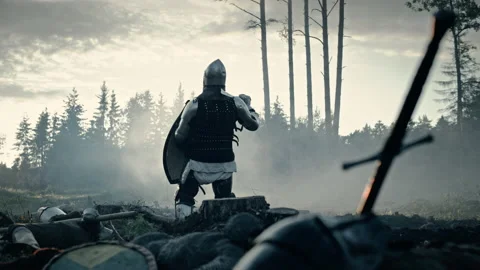 Warrior Knight standing Amidst Dead Stock Footage 157540385