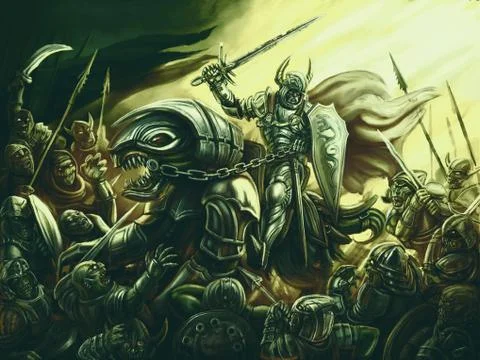 Warrior of light against an army of darkness Stock Illustration