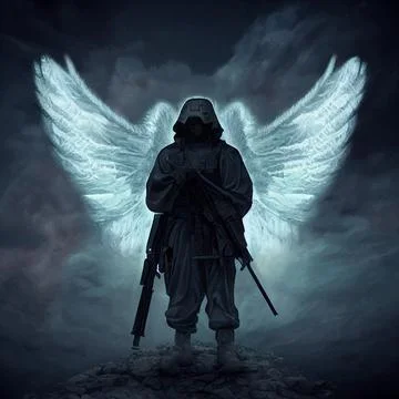 Warrior of Light. Soldier Liberator. Warrior with machine gun and angel wings Stock Illustration