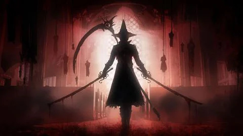 A warrior in a pointed hat with bloodstained rusty sabers goes through a Goth Stock Illustration