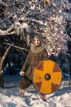A warrior with a shield and sword in the winter forest Stock Photos