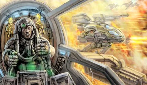Warrior in a spacesuit inside the cockpit of a war vehicle. Sci-fi Stock Illustration