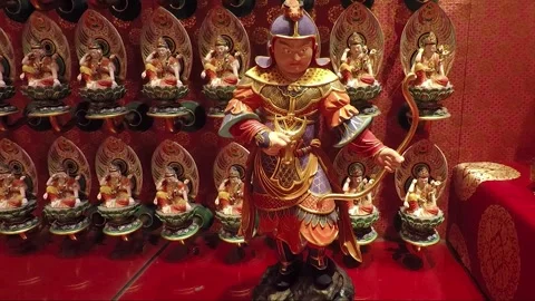 Warrior Statue, Inside Hundred Dragon Hall, Buddha Tooth Relic Temple, Singapore Video stock 328944474