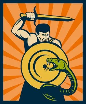Warrior with sword and shield striking a snake or serpent Stock Illustration