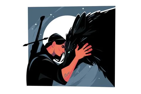 Warrior with sword bowed before wolf Stock Illustration