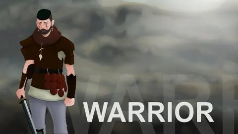 Warrior word text with Warrior armed with sword viking and leather armor on a Stock Illustration