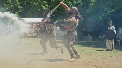Warriors demonstrate ancient fighting techniques at Bulgarian festival Stock Footage 192881068