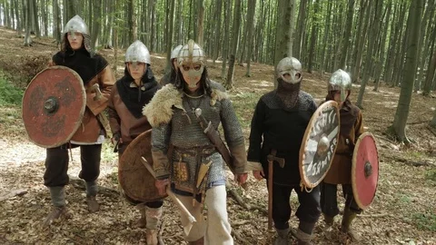 Warriors of Vikings are going in the forest on the battle. Stock Footage 81374440