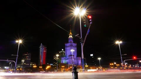 Warsaw City Center Night Timelapse Warszawa Stock Footage