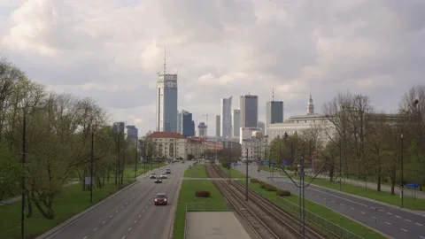 Warsaw City centre panorama with cars driving on the street Stock Footage
