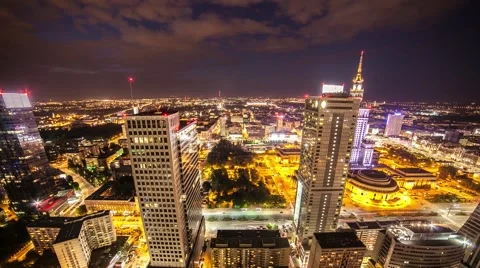 Warsaw Night Timelapse Stockbeeldmateriaal 48313832
