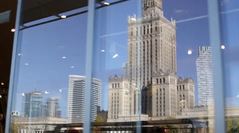 Warsaw panorama reflected on store window Video stock 67644605