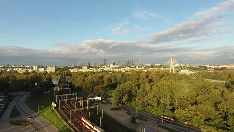 Warsaw Panoramic Aerial View with a Train Stock Footage 84041899