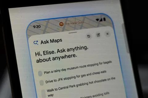 Warsaw, Poland - April 2, 2026: A smartphone screen displays Ask Maps Stock Photos