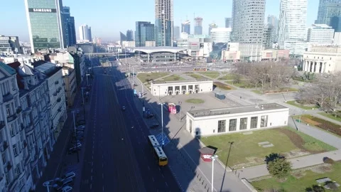 Warsaw, Poland. Drone shot of empty city during quarantine in Warsaw Stock Footage
