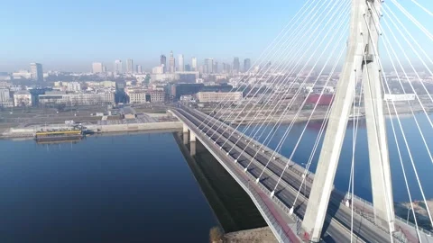 Warsaw, Poland. Drone view of empty bridge during quarantine in Warsaw 動画素材 130321389