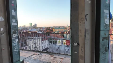 Warsaw Rooftops Viewed Through an Open Building Entrance at Daylight Stock Footage 347672202