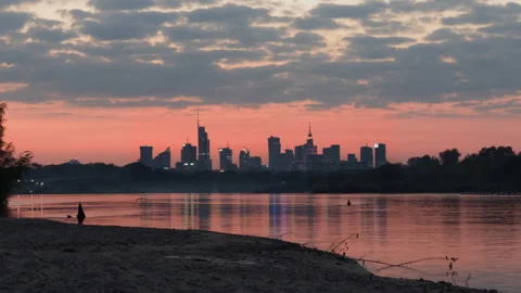Warsaw skyline cityscape view from the side of Vistula river during pink su.. Stock Footage 296083584