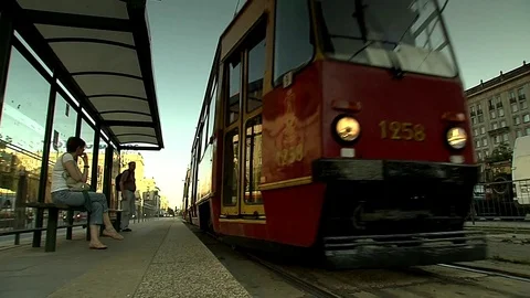 Warsaw Tram arrive Stock Footage 75909143