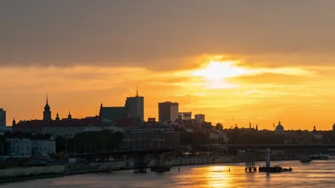Warsaw's City Lights Igniting at Twilight Over Vistula River Time-Lapse Stock Footage 306471056